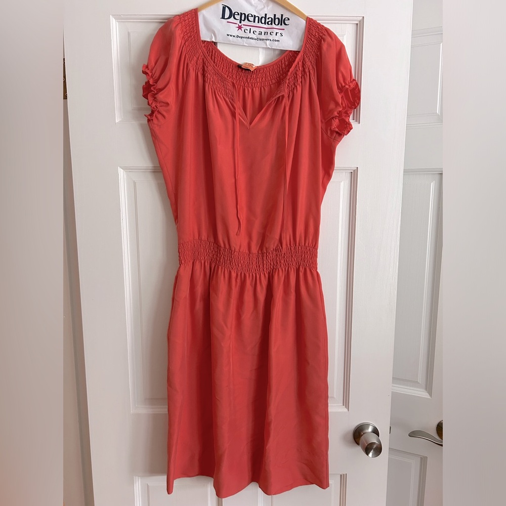 Talbots silk dress, gathered at waist with cap sleeves, melon color, size small